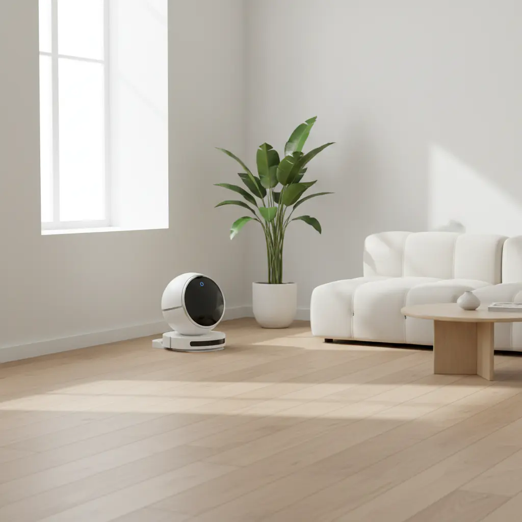 Minimalist shot of a clean, bright room with a subtle cleaning machine resting in the corner